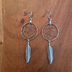 Dreamcatcher Silver Earrings with Red Accent